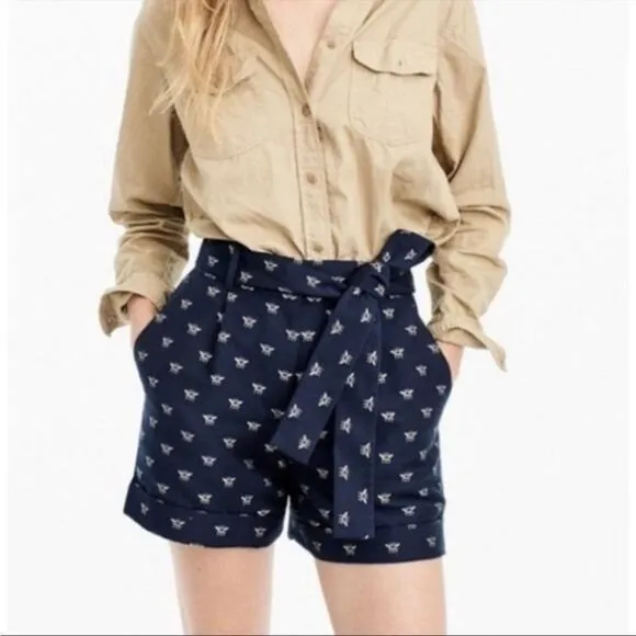 J. Crew EUC Bee Embroidered High Waist Navy Blue Shorts Tie Belt Size 8 Like New