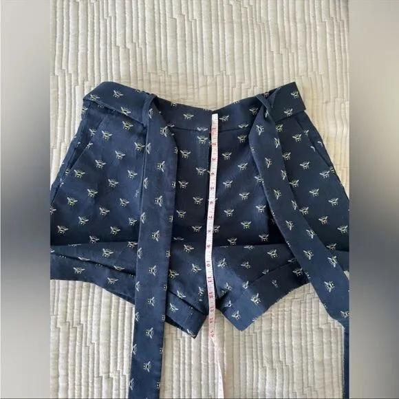 J. Crew EUC Bee Embroidered High Waist Navy Blue Shorts Tie Belt Size 8 Like New
