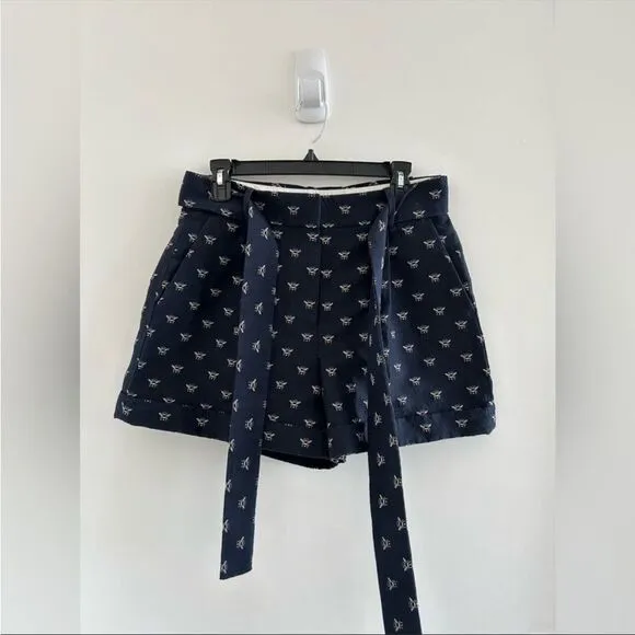 J. Crew EUC Bee Embroidered High Waist Navy Blue Shorts Tie Belt Size 8 Like New