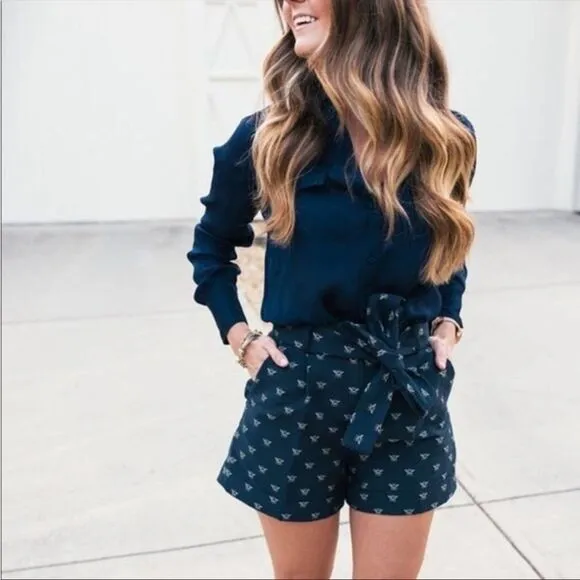 J. Crew EUC Bee Embroidered High Waist Navy Blue Shorts Tie Belt Size 8 Like New