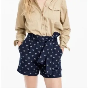 J. Crew EUC Bee Embroidered High Waist Navy Blue Shorts Tie Belt Size 8 Like New