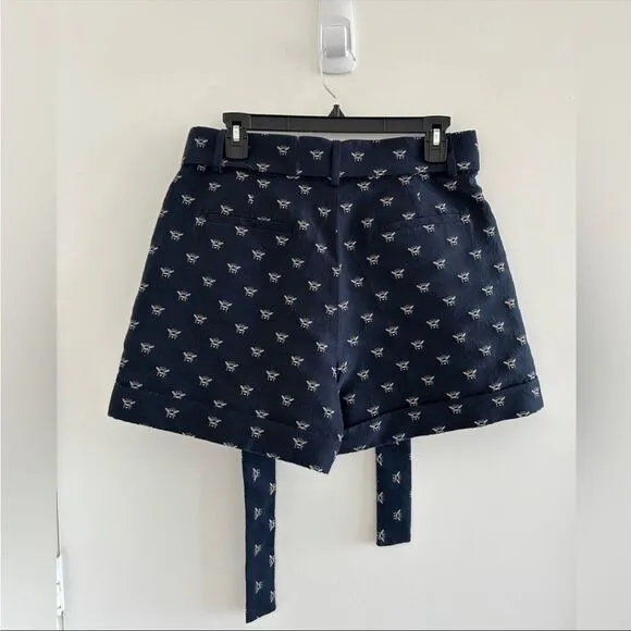 J. Crew EUC Bee Embroidered High Waist Navy Blue Shorts Tie Belt Size 8 Like New