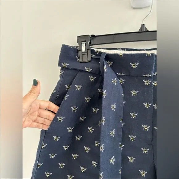 J. Crew EUC Bee Embroidered High Waist Navy Blue Shorts Tie Belt Size 8 Like New