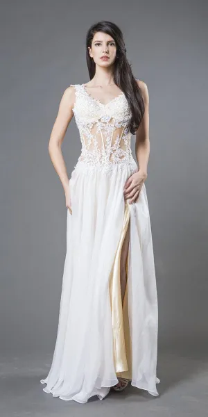 J&J Fashion 104 Appliqued Sheer Bodice Long Formal Dress