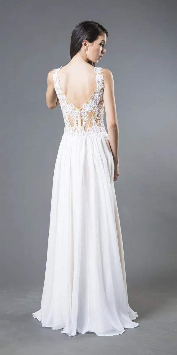 J&J Fashion 104 Appliqued Sheer Bodice Long Formal Dress