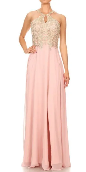 J&J Fashion 1501 Halter Keyhole Neck Long Prom Dress