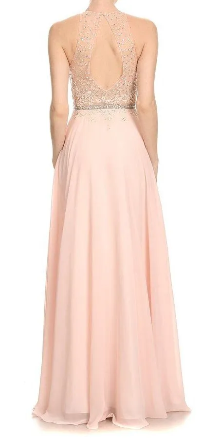 J&J Fashion 3029 Halter Long Dress Illusion Keyhole Back
