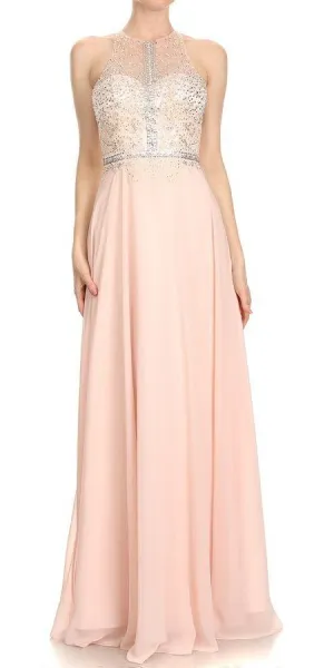 J&J Fashion 3029 Halter Long Dress Illusion Keyhole Back