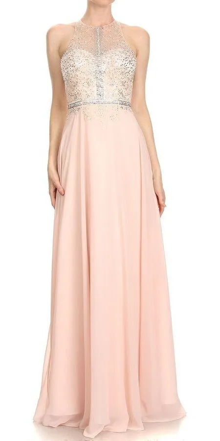 J&J Fashion 3029 Halter Long Dress Illusion Keyhole Back