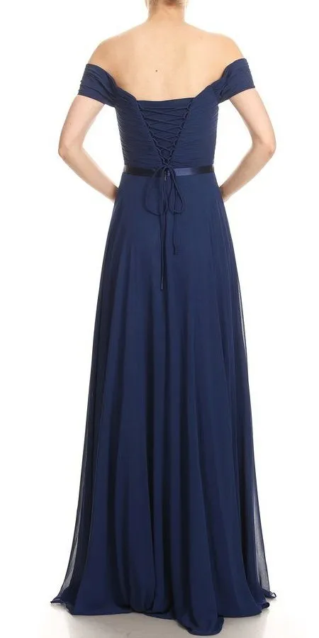 J&J Fashion 3070 Off-Shoulder Long Formal Dress Lace-Up Back