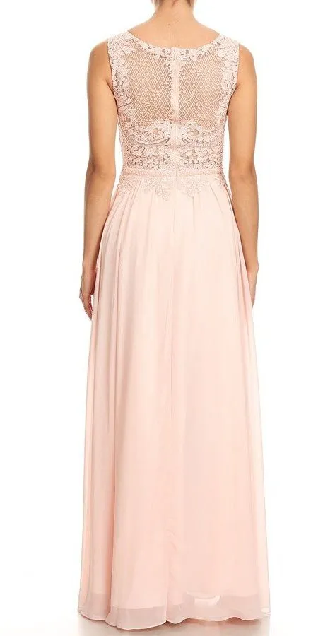 J&J Fashion 3071 Appliqued Bodice Long Formal Dress Sleeveless
