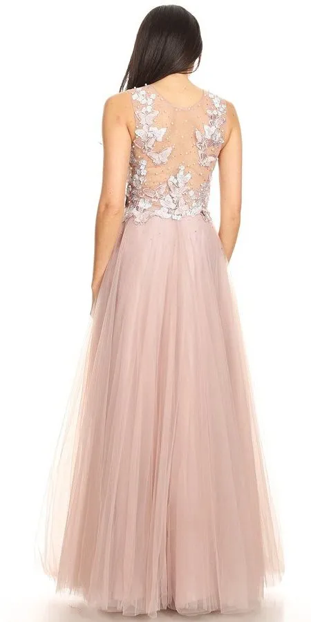 J&J Fashion 3080 Illusion Bodice Appliqued Long Prom Dress