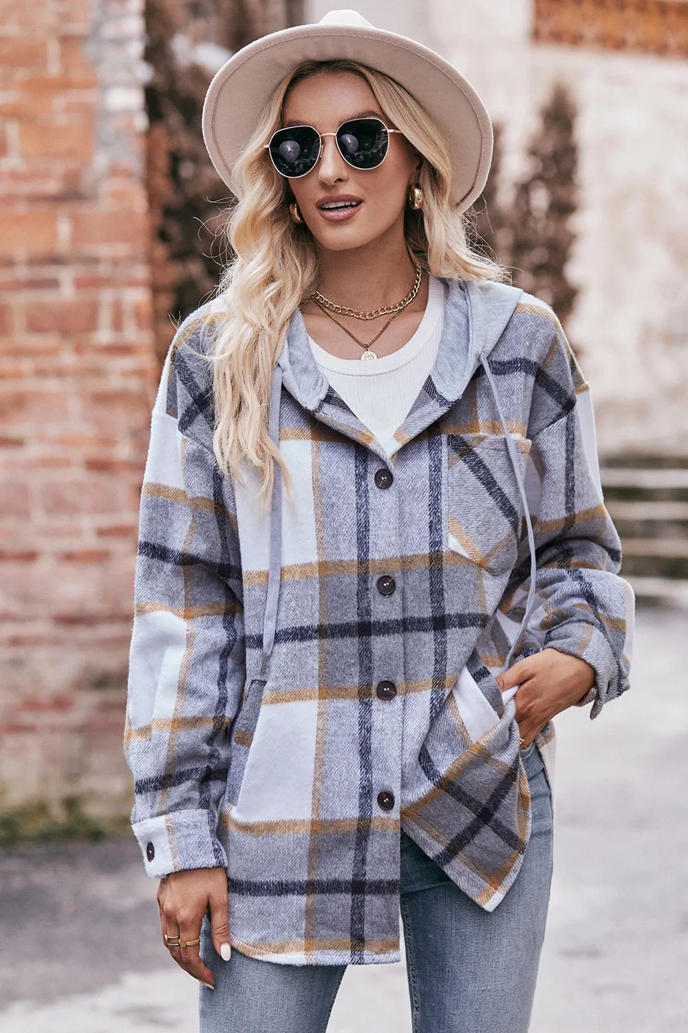 Jill Plaid Dropped Shoulder Hooded Jacket