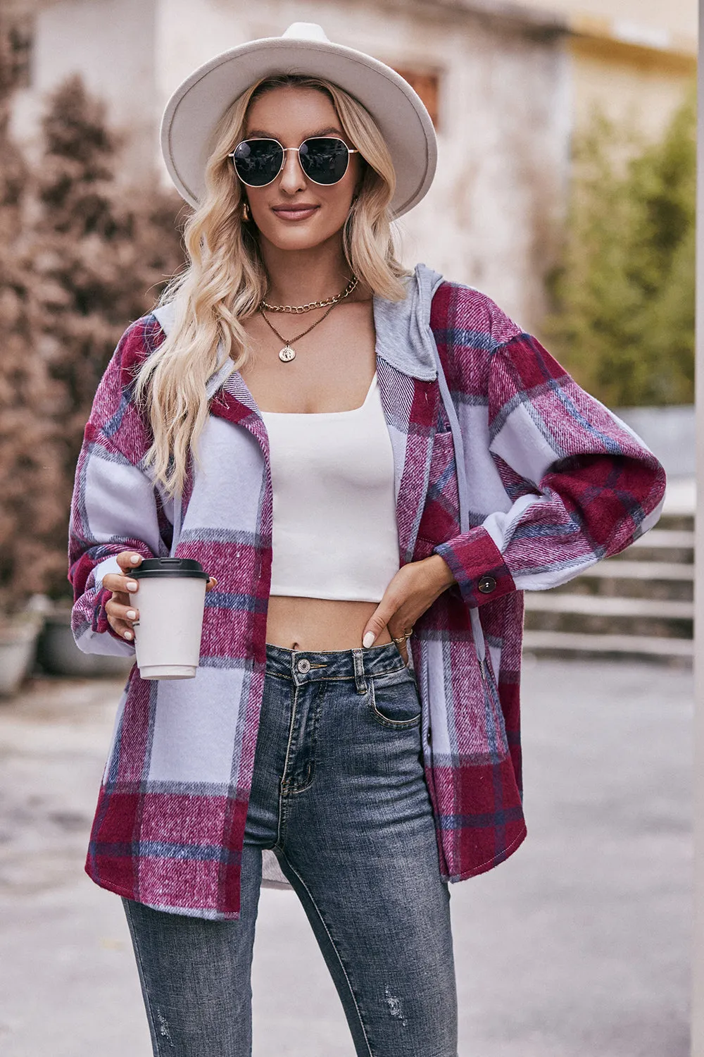 Jill Plaid Dropped Shoulder Hooded Jacket