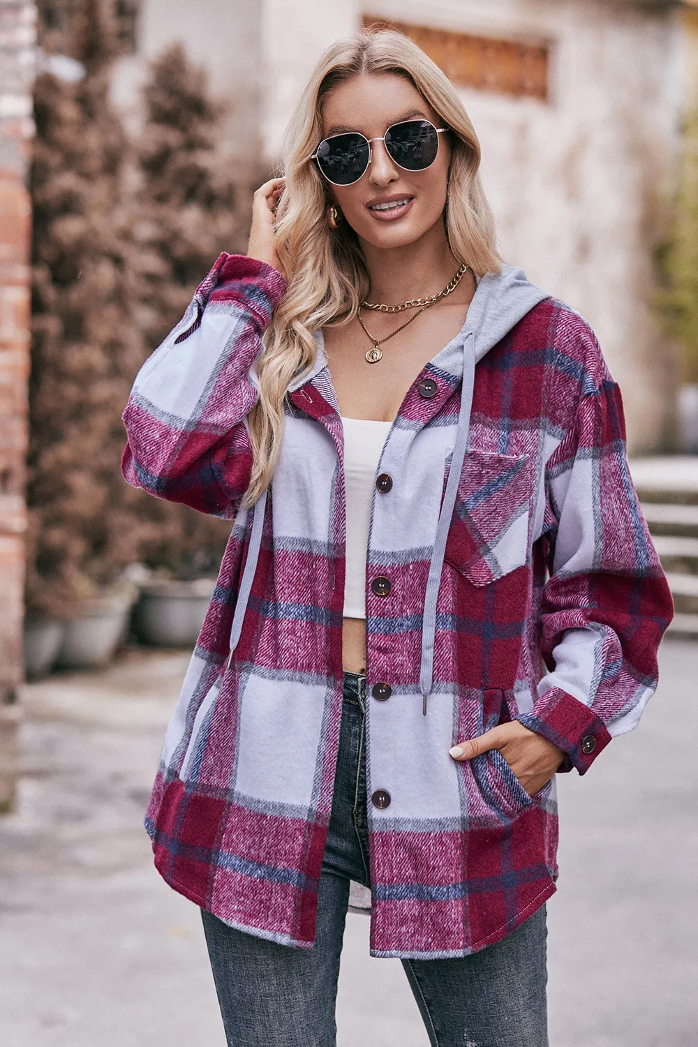 Jill Plaid Dropped Shoulder Hooded Jacket