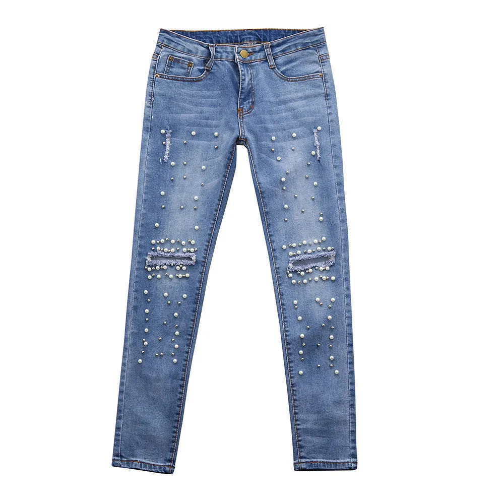 🌷Ladies Denim Stretch High-Waist Ripped Pencil Jeans..