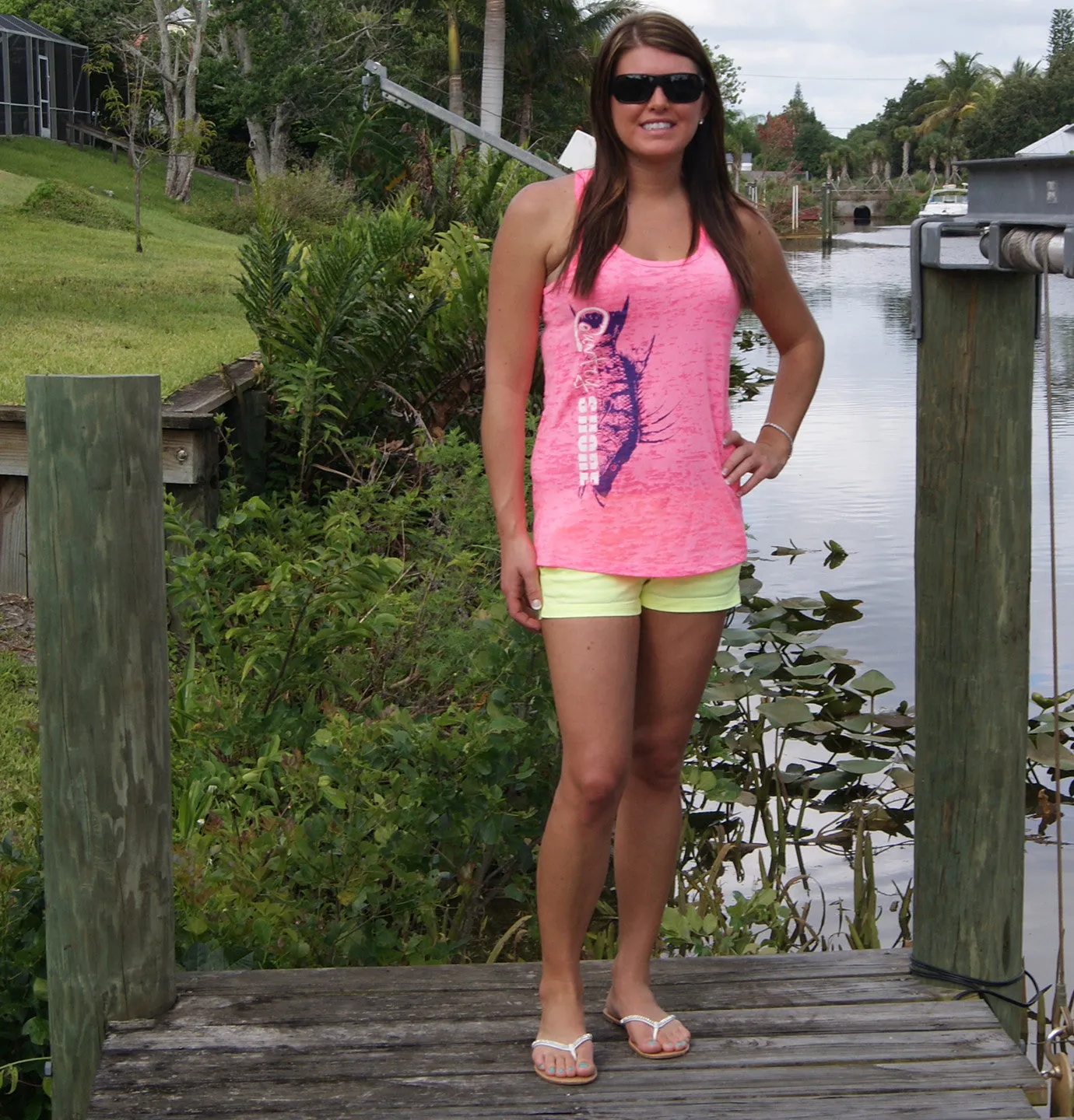 Ladies Tank Top - Burnout Neon Pink - Hogfish - Country Shore Outfitters
