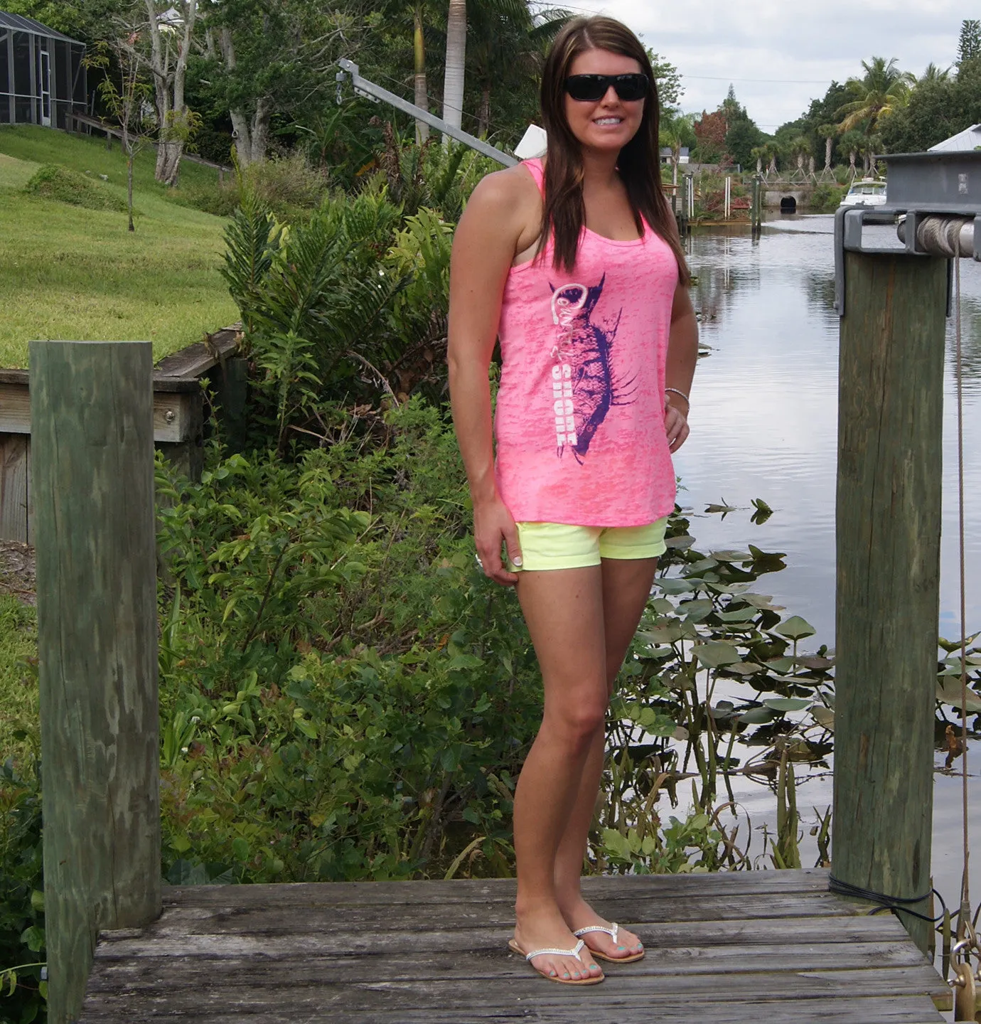 Ladies Tank Top - Burnout Neon Pink - Hogfish - Country Shore Outfitters