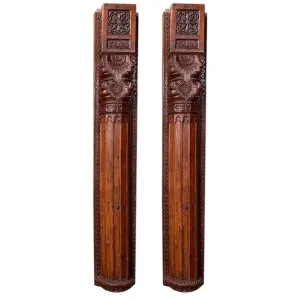 Large Pair of Indian Carved Teak Haveli Architectural Pilasters (no bases)