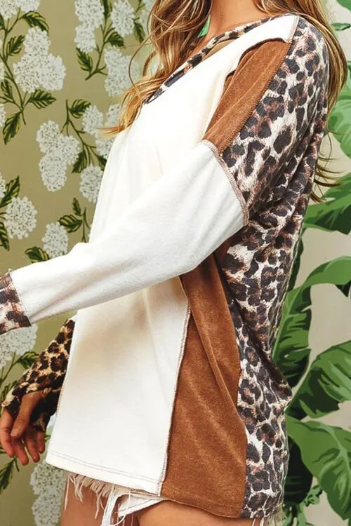 Leopard Print V-Neck Dropped Shoulder Blouse