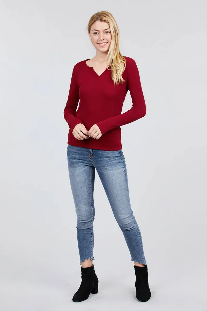 Long Sleeve V-notch Neck Rib Knit Top