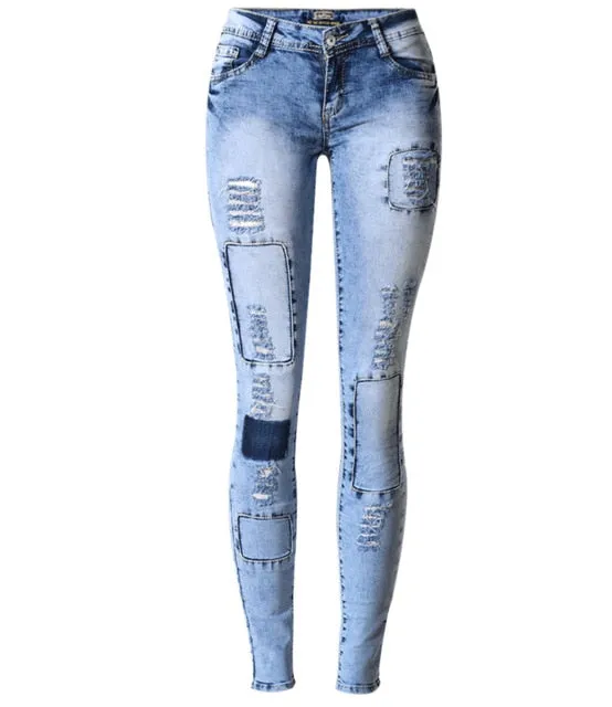 Low Waist Sky Blue Patchwork Skinny Tights Women Pencil Jeans High Stretch Denim