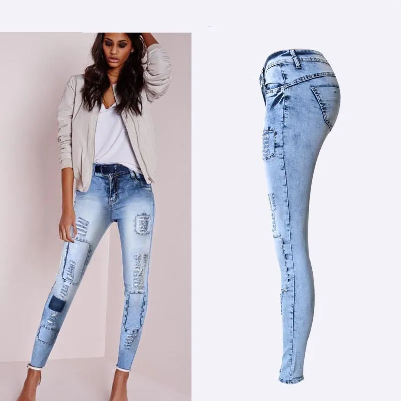Low Waist Sky Blue Patchwork Skinny Tights Women Pencil Jeans High Stretch Denim