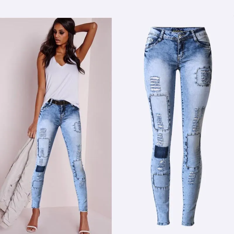 Low Waist Sky Blue Patchwork Skinny Tights Women Pencil Jeans High Stretch Denim