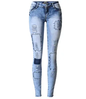Low Waist Sky Blue Patchwork Skinny Tights Women Pencil Jeans High Stretch Denim
