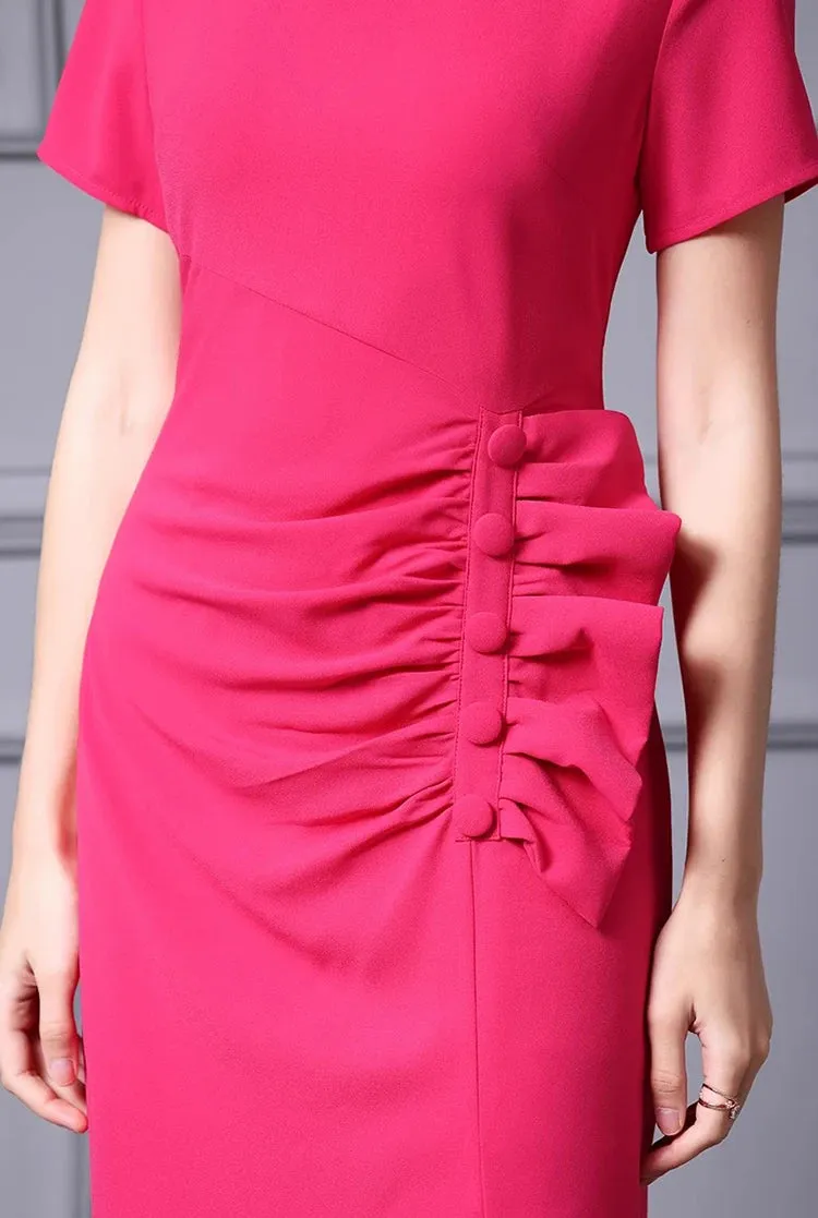 Luisa Short-Sleeved Button Draped Hip Wrap Slim-Fit Pencil Office Lady MIDI Dress