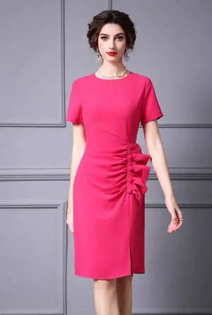 Luisa Short-Sleeved Button Draped Hip Wrap Slim-Fit Pencil Office Lady MIDI Dress