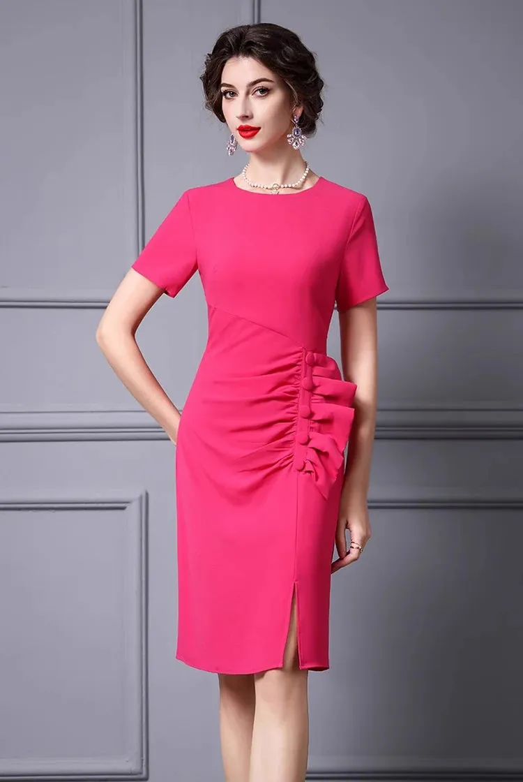 Luisa Short-Sleeved Button Draped Hip Wrap Slim-Fit Pencil Office Lady MIDI Dress