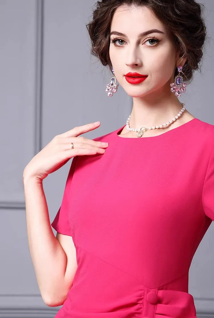 Luisa Short-Sleeved Button Draped Hip Wrap Slim-Fit Pencil Office Lady MIDI Dress