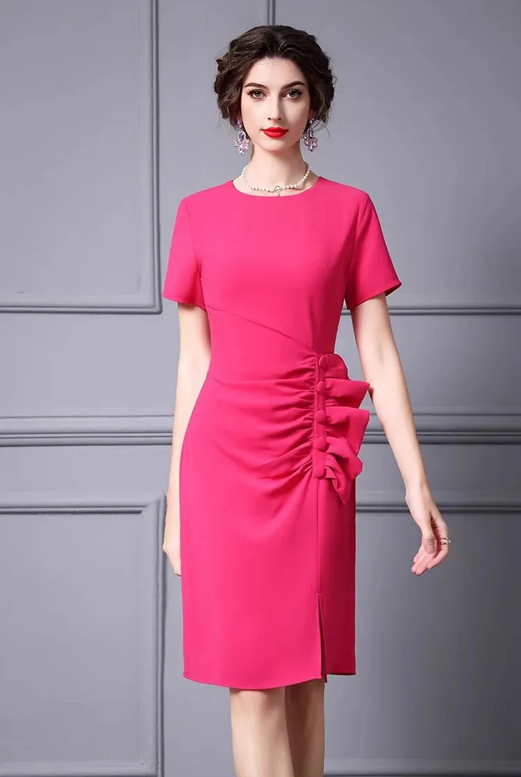 Luisa Short-Sleeved Button Draped Hip Wrap Slim-Fit Pencil Office Lady MIDI Dress