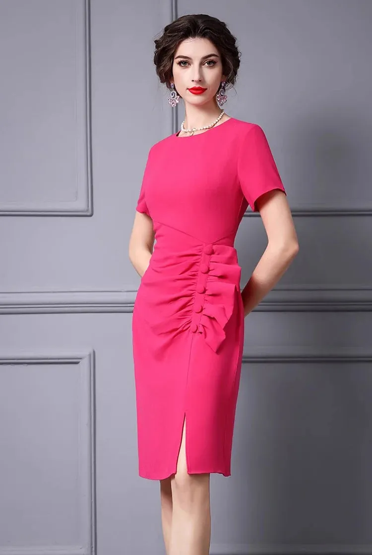 Luisa Short-Sleeved Button Draped Hip Wrap Slim-Fit Pencil Office Lady MIDI Dress