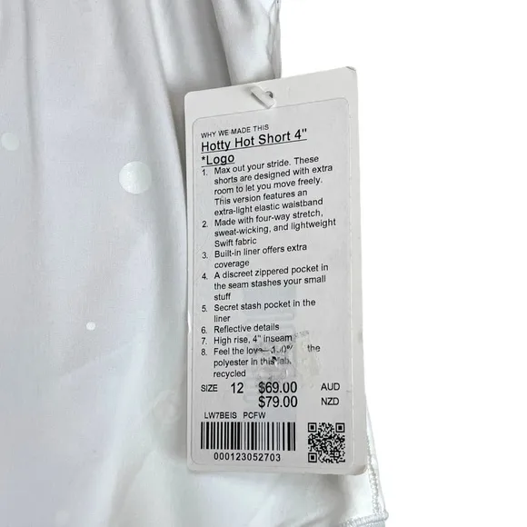 lululemon High Rise HR Hotty Hot Shorts Long 4” Poco Logo Foil White PCFW sz 12