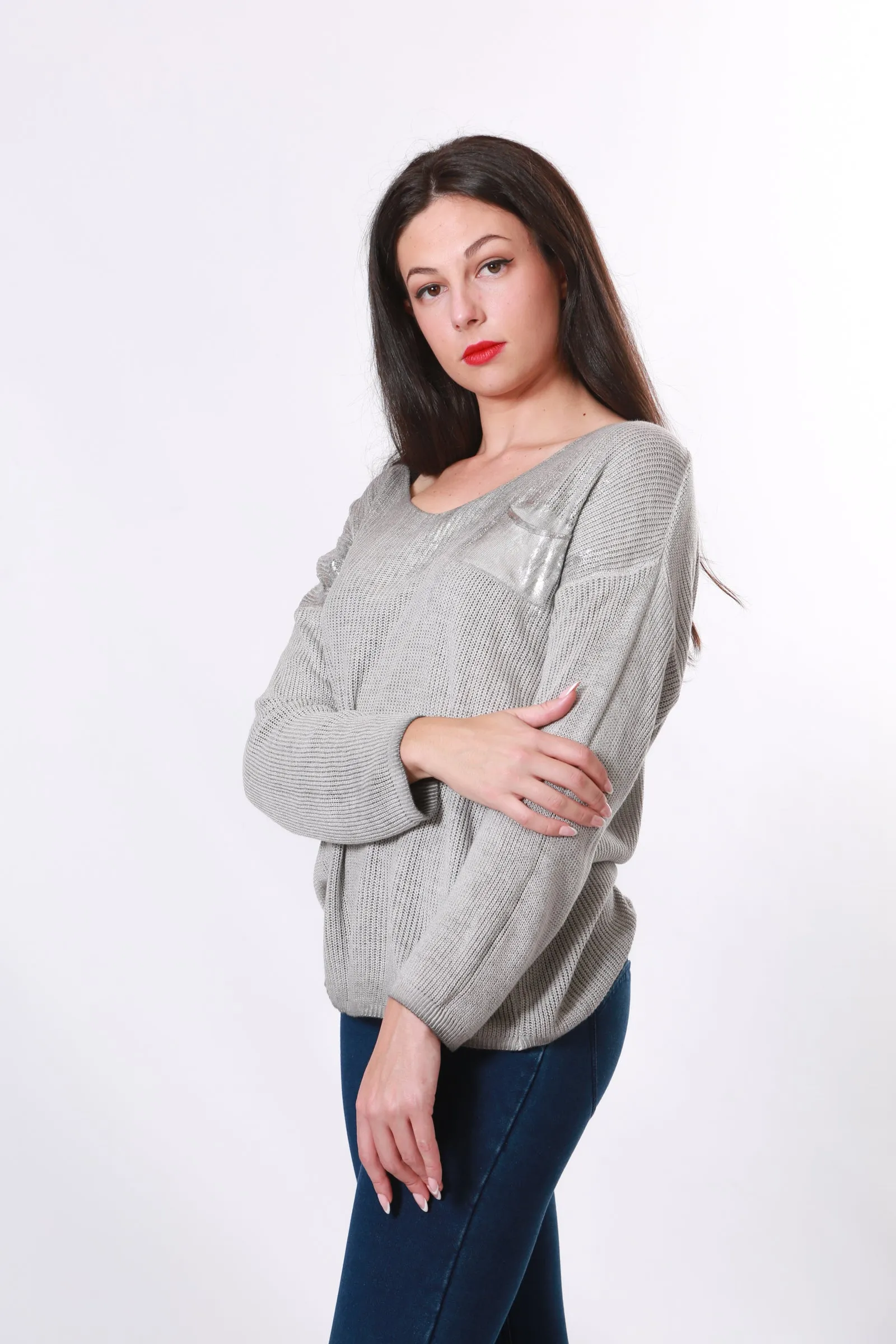 Made in Italy V neck knit with silver embellishment - Grey