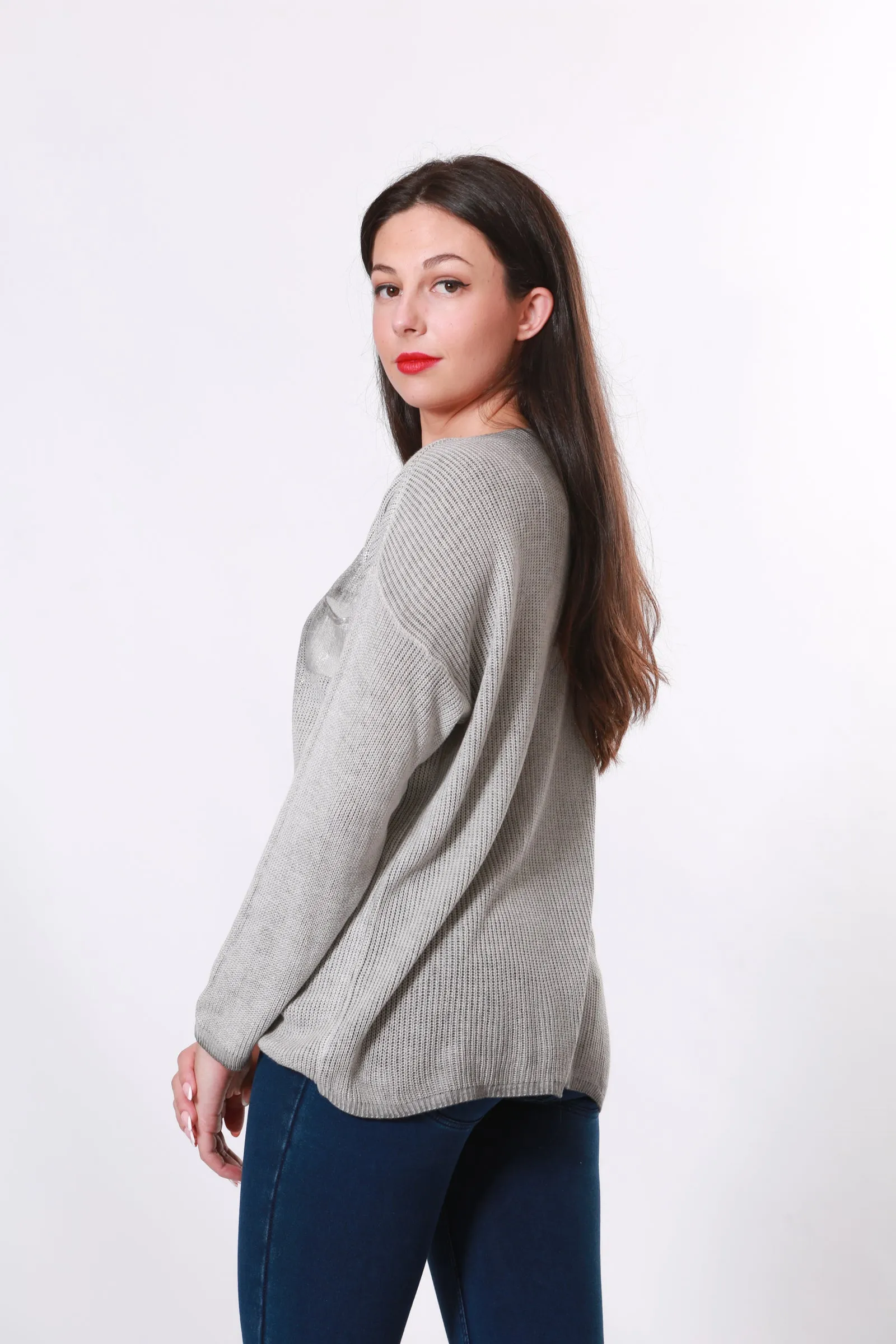 Made in Italy V neck knit with silver embellishment - Grey