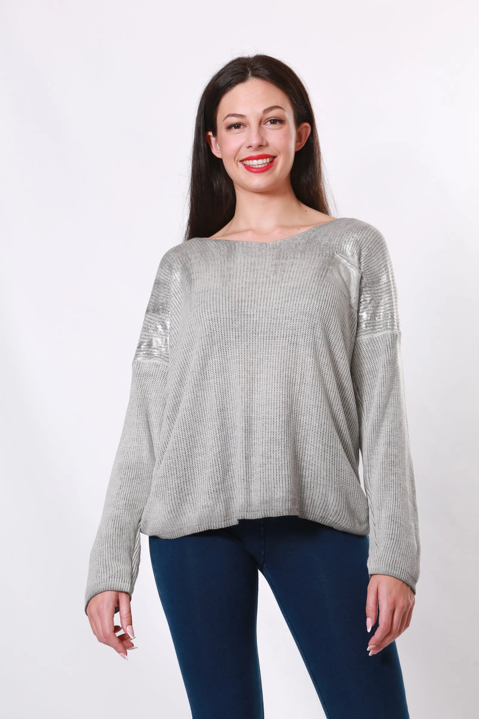 Made in Italy V neck knit with silver embellishment - Grey