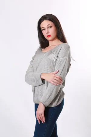 Made in Italy V neck knit with silver embellishment - Grey