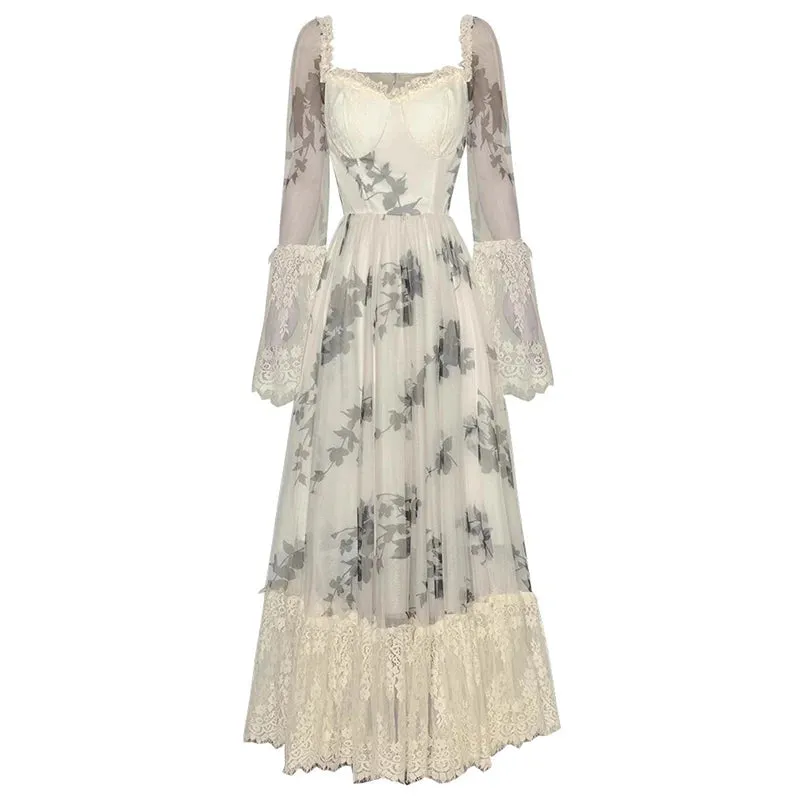 Marley Square Collar Flare Sleeve Floral Print Lace Patchwork Vintage Backless Dress