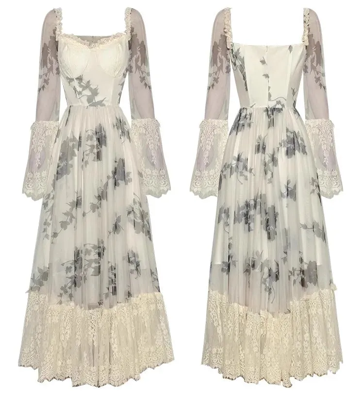 Marley Square Collar Flare Sleeve Floral Print Lace Patchwork Vintage Backless Dress