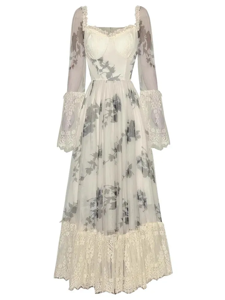 Marley Square Collar Flare Sleeve Floral Print Lace Patchwork Vintage Backless Dress