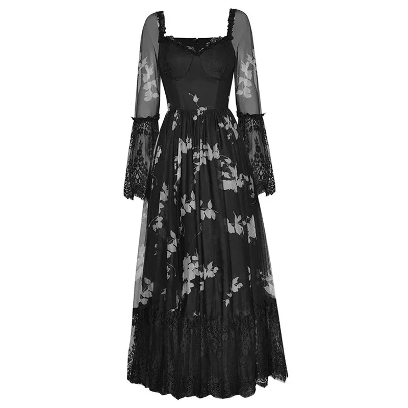 Marley Square Collar Flare Sleeve Floral Print Lace Patchwork Vintage Backless Dress