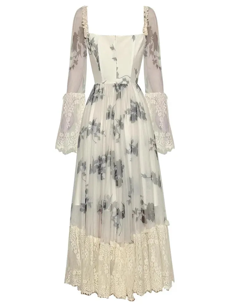 Marley Square Collar Flare Sleeve Floral Print Lace Patchwork Vintage Backless Dress