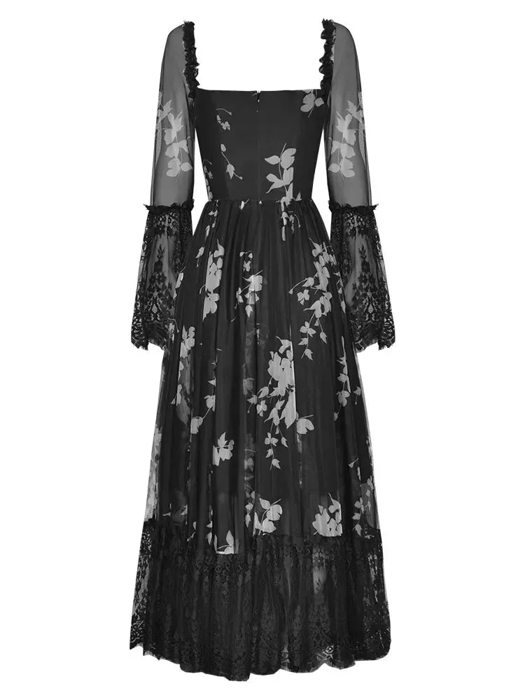 Marley Square Collar Flare Sleeve Floral Print Lace Patchwork Vintage Backless Dress