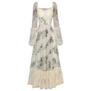 Marley Square Collar Flare Sleeve Floral Print Lace Patchwork Vintage Backless Dress