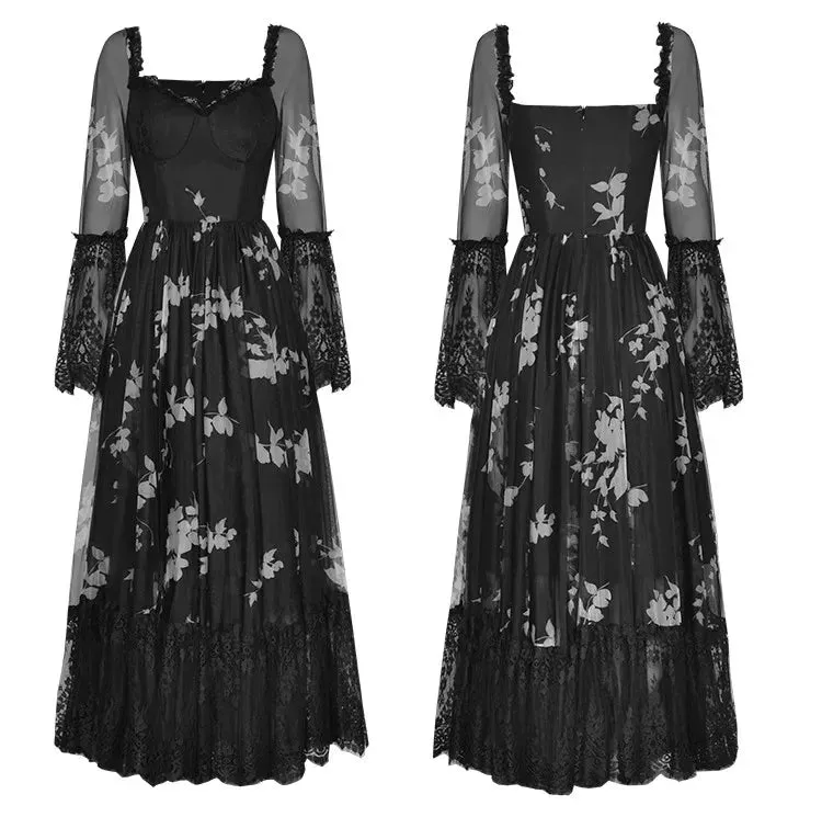 Marley Square Collar Flare Sleeve Floral Print Lace Patchwork Vintage Backless Dress