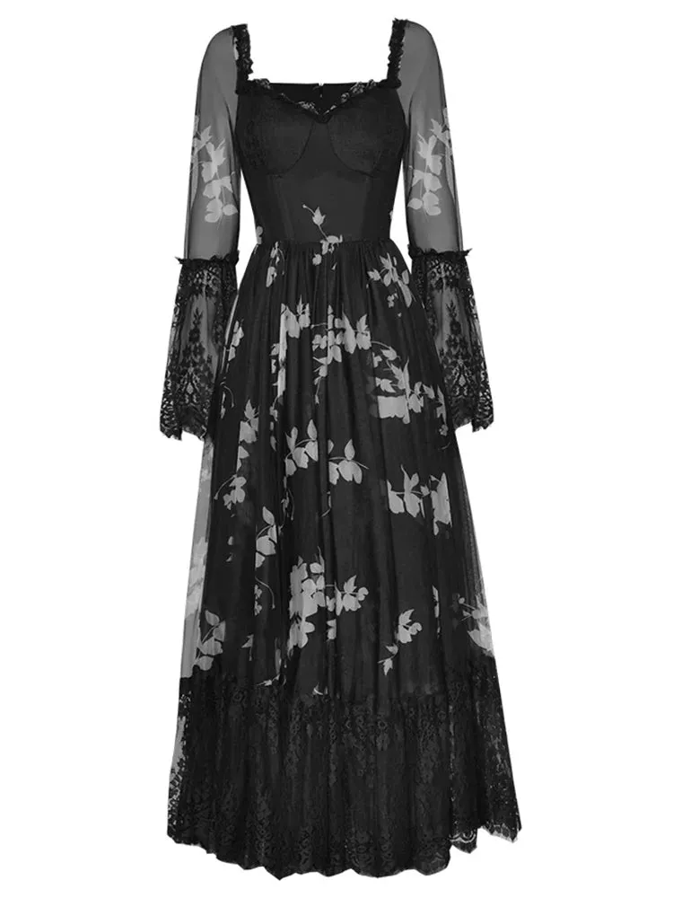 Marley Square Collar Flare Sleeve Floral Print Lace Patchwork Vintage Backless Dress