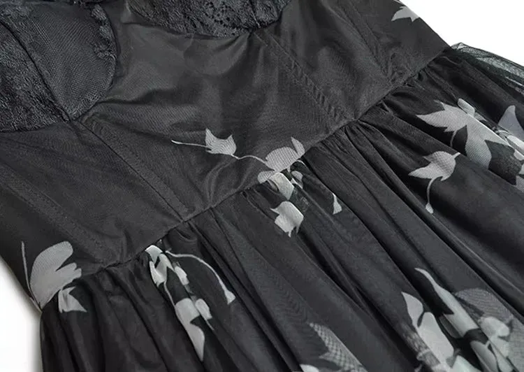 Marley Square Collar Flare Sleeve Floral Print Lace Patchwork Vintage Backless Dress